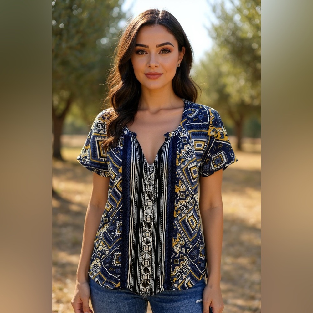 Lucky Brand Blue Aztec Print Blouse Size S